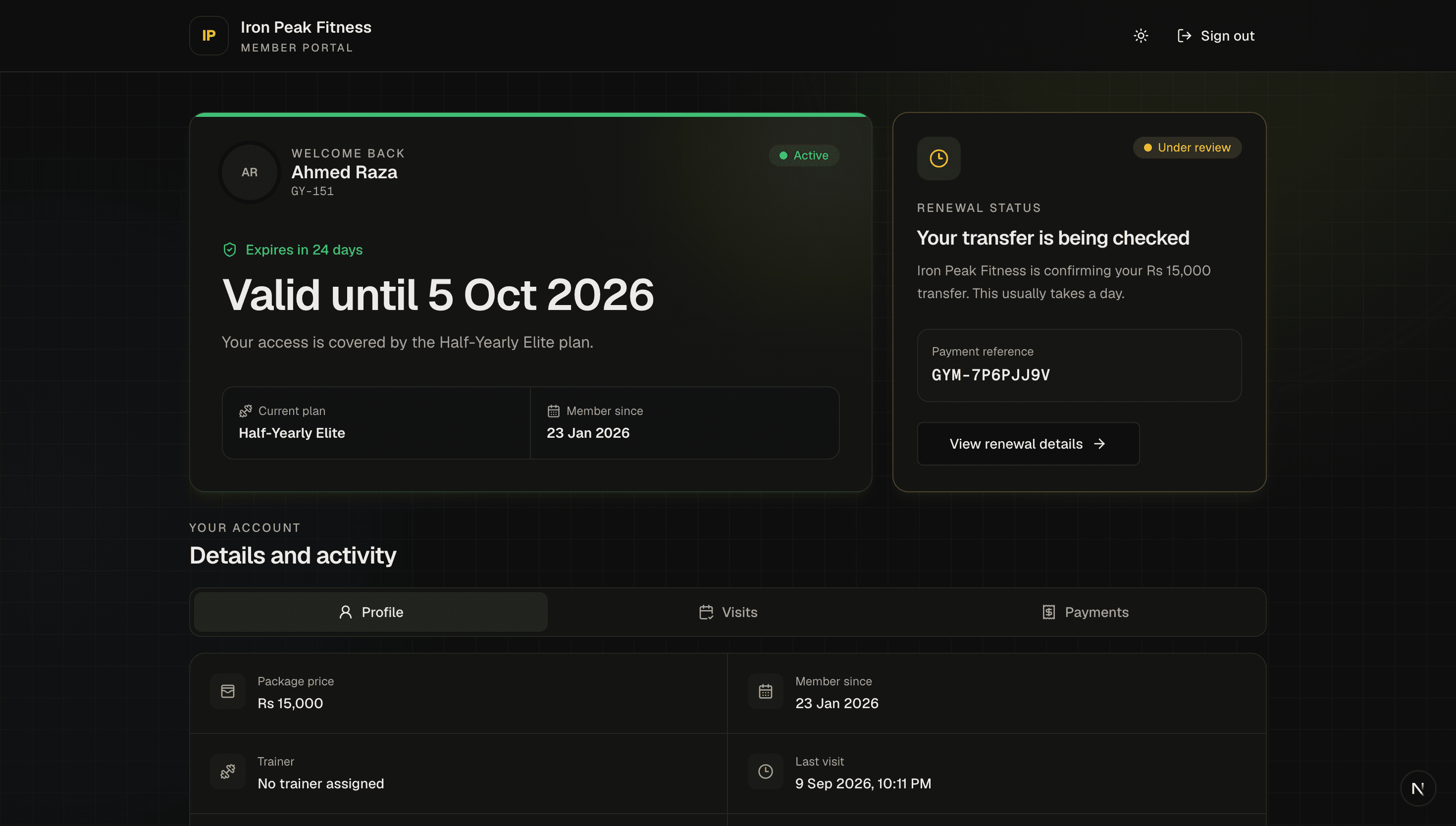 GYMORA member portal showing a member their plan, days remaining and expiry date, with a renewal payment under review by the gym