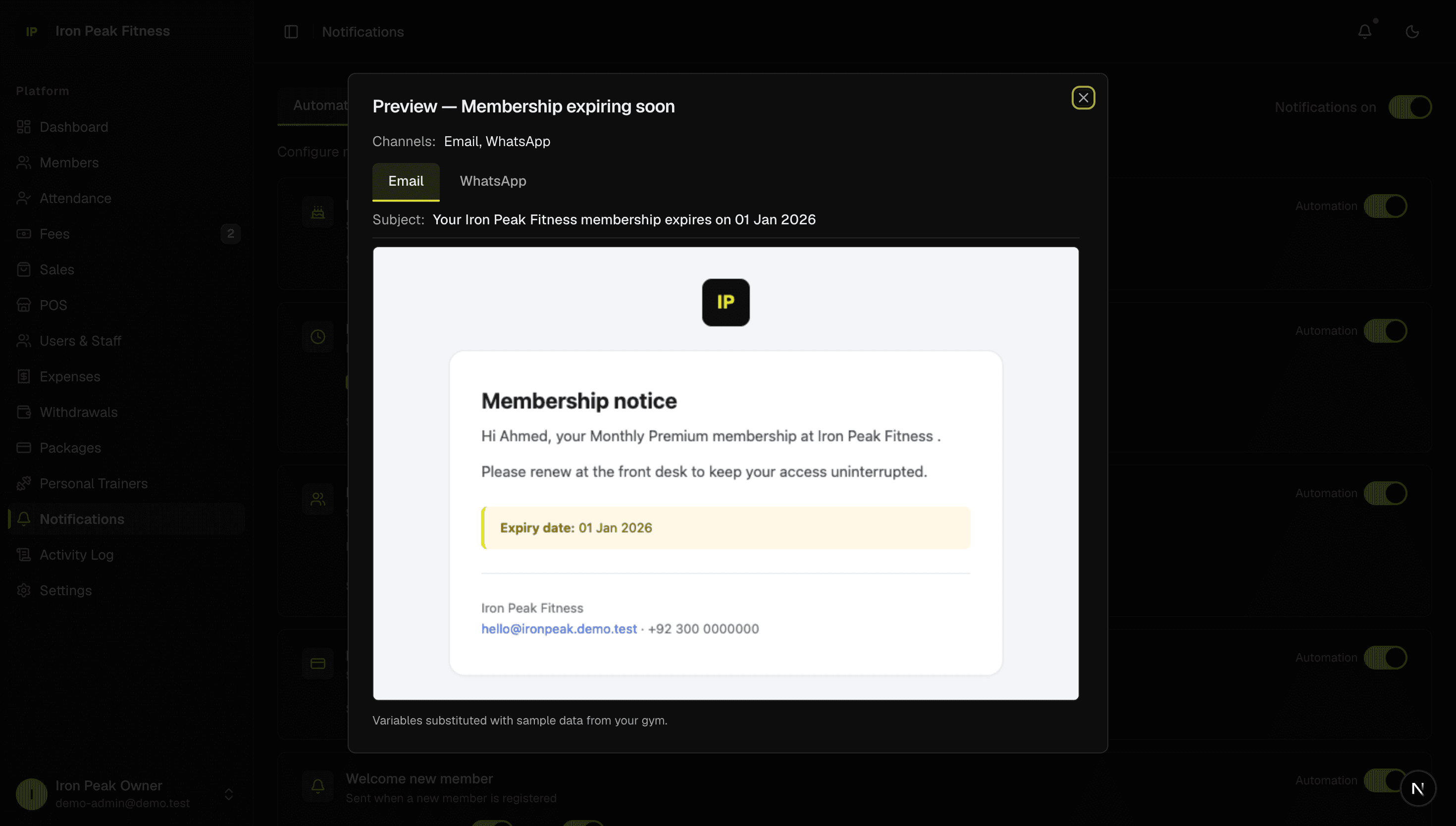 GYMORA message preview showing the exact expiry-reminder email a member will receive, with their name and expiry date already filled in