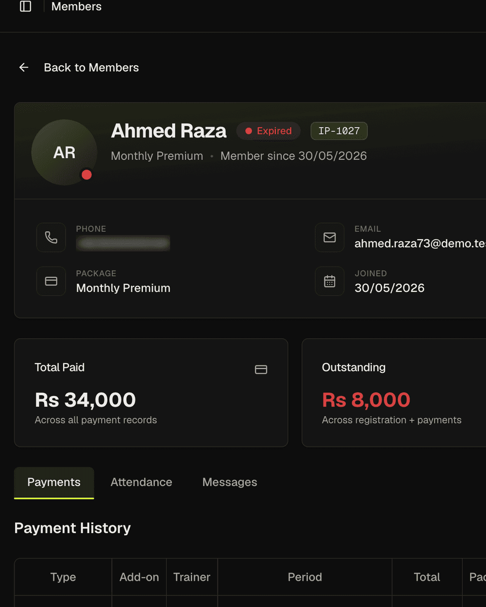 A GYMORA member profile showing an expired membership, Rs 8,000 outstanding and a Collect button.